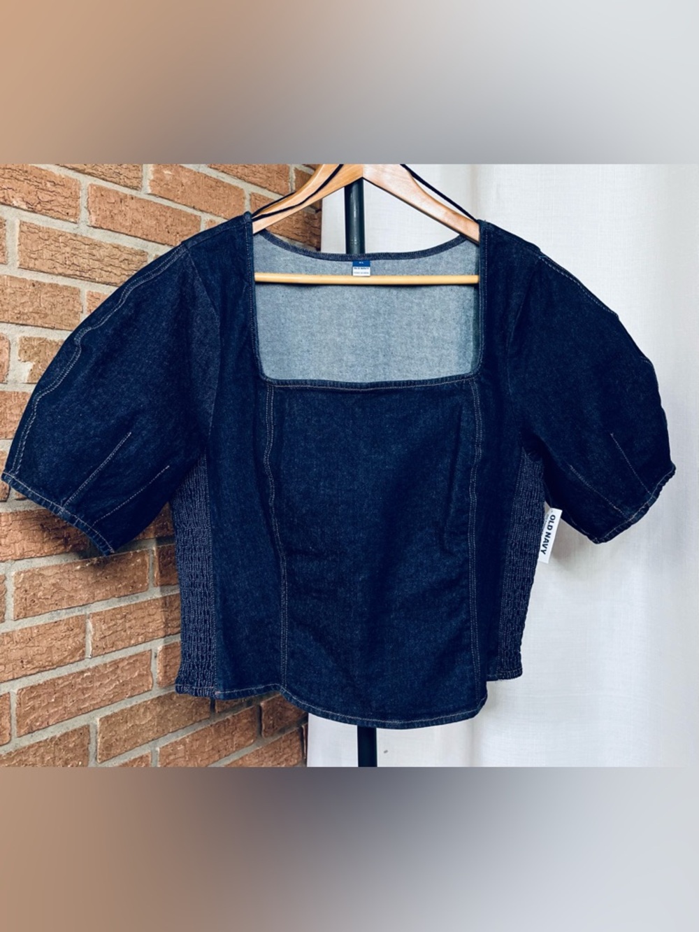 Old Navy Denim Puff Sleeve Top Square Neck Smocked Crop Blouse NWT - XL